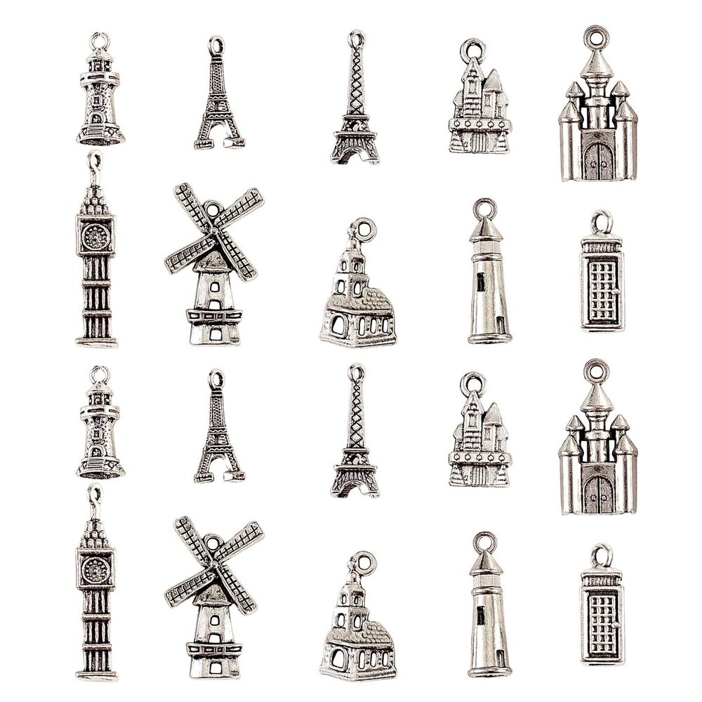 1931 100pcs Antique Silver Building Charms Mixed Styles Eurpean Effiel